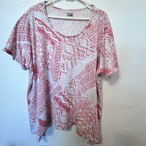 Basic Editions Woman Top, Orange & White Aztec print, cuffed short sleeves, 3X